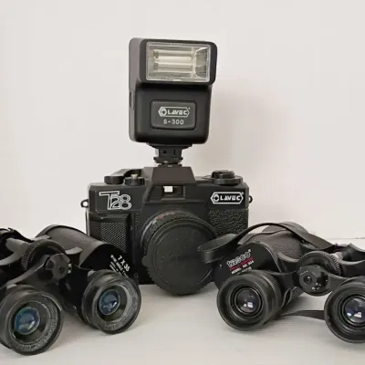 Lavec Camera w/Flash. Focal & Tasco Binoculars and Cases