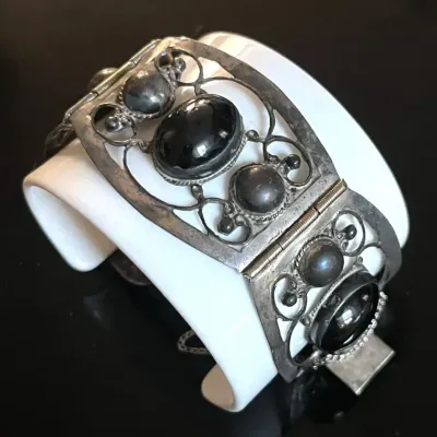 Mexican .925 Sterling Silver Black Onyx Panel Bracelet 