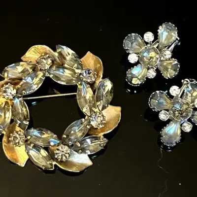 Rhinestone Circle Brooch and Rhinestone Clipon Earrings