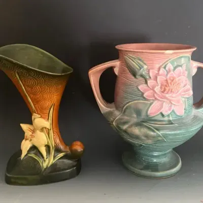 Roseville Pottery Water Lily Vase 175-8 and Roseville Zephyr Cornucopia Vase 204-8