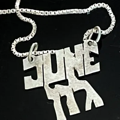 .925 Sterling Silver English and Hebrew “June” Pendant on Sterling Box Chain