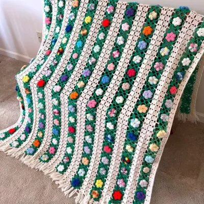 Vintage Hand Crocheted Floral Afghan