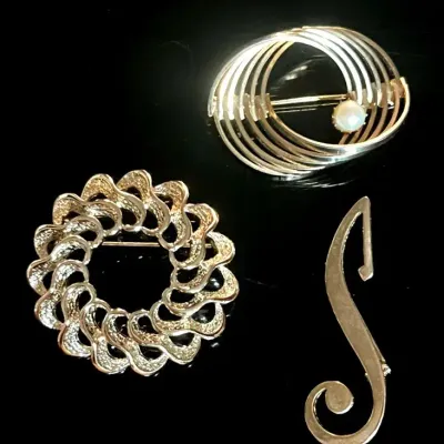 Vintage Goldtone Brooches, One with Genuine Cultured Pearl