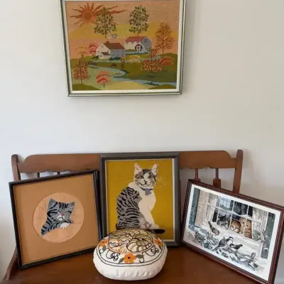 Hand Stitched Needlework Pictures And Pillow Of Cats
