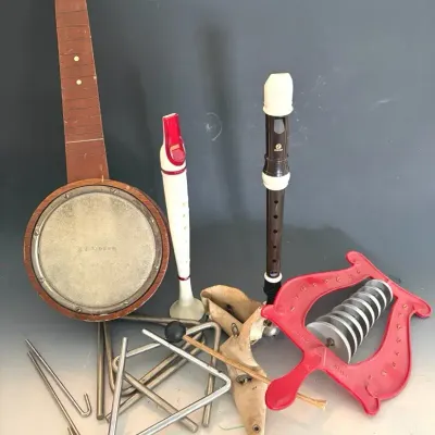 Antique 1920’s Banjo Uklele With Vintage Bells, Triangles And Recorders 