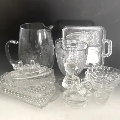 Vintage Clear Glassware with Remember The Maine Souvenir, Relish Tray, Etched Pitcher