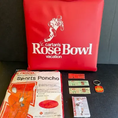 Vintage Rose Bowl Stadium Cushion And Poncho With Red’s Ticket Stubs, Champion Baseball Cards + More