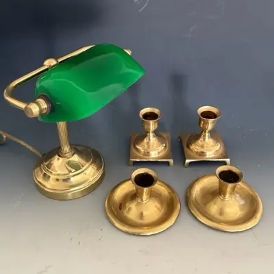 Mini Brass Bankers Lamp With Brass Candleholders 
