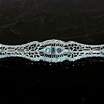 Art Deco Rhodium Filigree Bar Pin with Rhinestone Accents