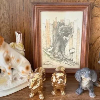 Vintage Original Pen And Ink Colored Printed Signed By Artist Don Russel With Other Dog Figurines