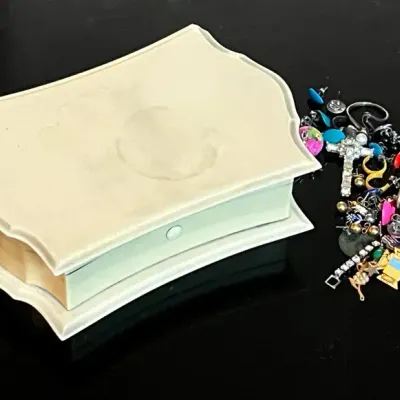 Vintage DuBarry “Ivory” Celluloid Jewelry Box with Collectibles Pins, Earrings
