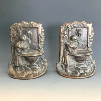 Antique Bronze Bookends, “Girl At The Fountain” 