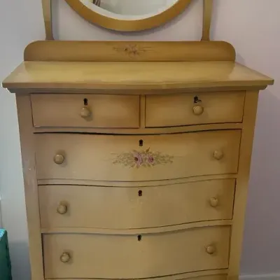 Antique Cottage Style Hand Painted Tall Chest Of Drawers