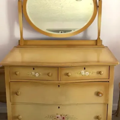 Antique Cottage Style Hand Painted Dresser With Swivel Mirror