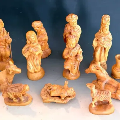 Vintage Olive Wood Hand Carved Nativity Set, Nazareth 