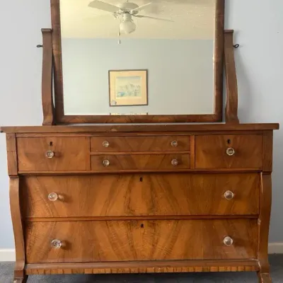American Empire Crotch Walnut Dresser with Adjustable Mirror
