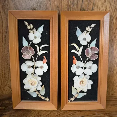 Pair Of Mid Century Framed Seashell Floral Art