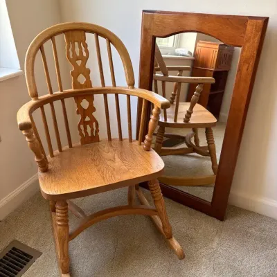 Child’s Windsor Style Oak Rocker With Vintage Maple Mirror 