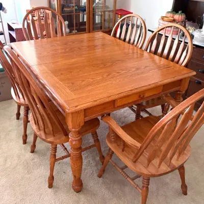 Solid Oak Dining Table With Six Bent Arrow Oak Side Chairs