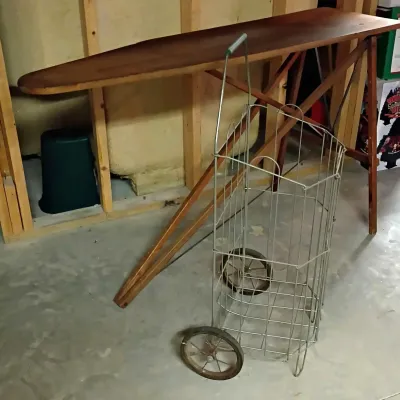 Vintage Hostess Wood Ironing Board and Dennis Mitchell Industries Wire Cart