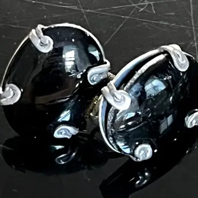 Mexican Silver Black Onyx Screwback Earrings, Vintage 