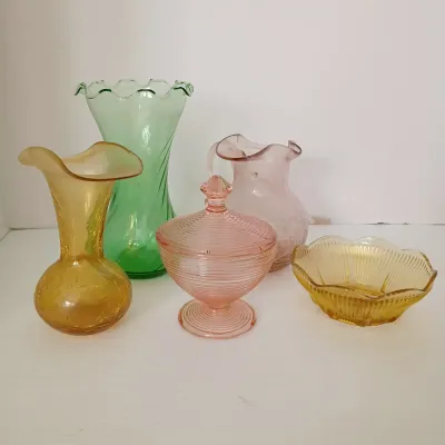 Colored Glass Vases, Candy Jar, Pitcher and Small Bowl