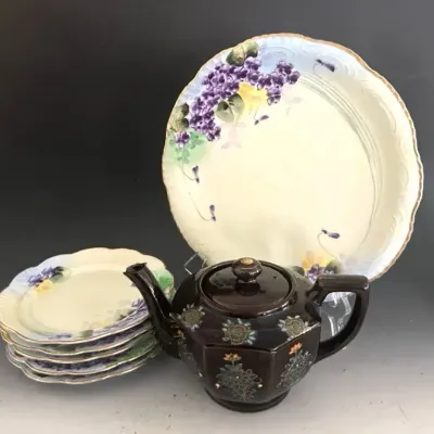 Nippon Handpainted Plates in Violet Design Plus Japanese Teapot