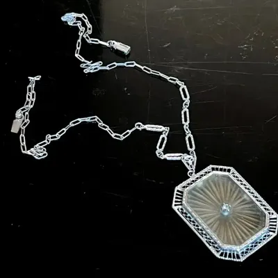 Art Deco Camphor Glass Diamond Iridium Pendant on Iridium Filigree Chain