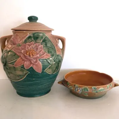 1940’s Roseville Pottery Water Lily Cookie Jar And Roseville Columbine Console Bowl