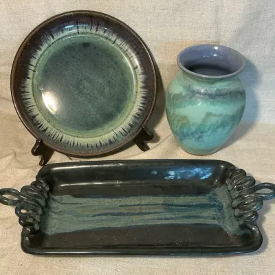Handmade Signed Blue Glazed Pottery Tray, Plate, & Vase