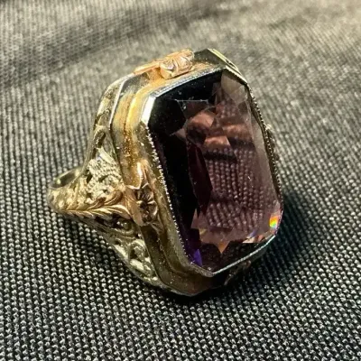 Stamped 10k Rose Gold Accented White Gold Purple Glass Ring (Size 6.5) (6.11 Grams Total)