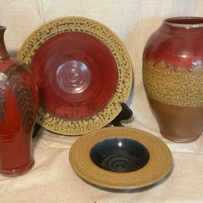 Handmade Rustic Red & Blue Glazed Pottery