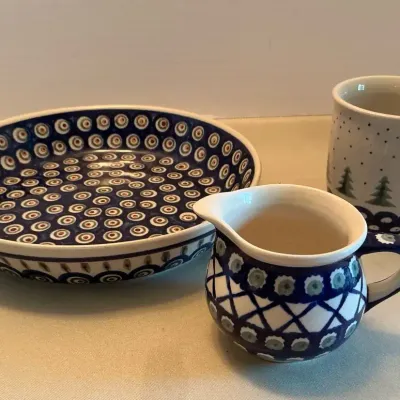Polish Pottery Round Baking Dish, Creamer And Coffee Mug 