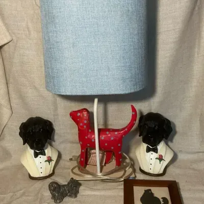 Tuxedo Black Lab Bookends, Metal Lhasa Apso, Whimsical Dog Table Lamp, Coyote Art