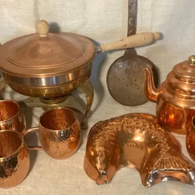 Copper Mugs, Mold, Chafing Dish, Teapot, Ladle