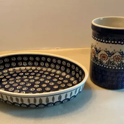 Polish Pottery Oval Casserole Dish And Utensil Caddy 