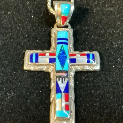 Sterling Silver Zuni Style Inlay Cross Pendant Necklace (10.72 Grams Total)