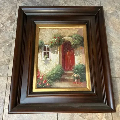 Signed European Style Courtyard Door Painting (22 x 26)