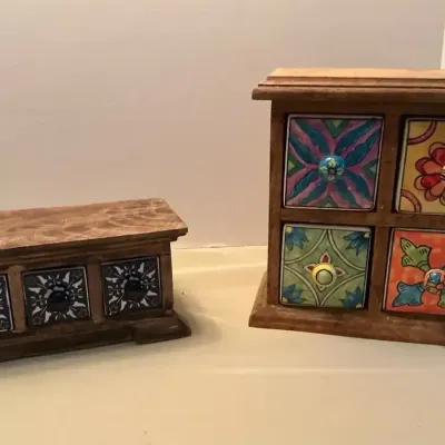 Set Of Two Wood And Ceramic Apothecaries 