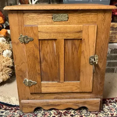 White Clad Wooden Ice Box Style Side Table (26” H X 22.5” W X 16.5” D)