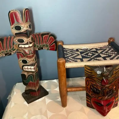 Carved Native Totem Pole, Wood Mask Hanging And Stool