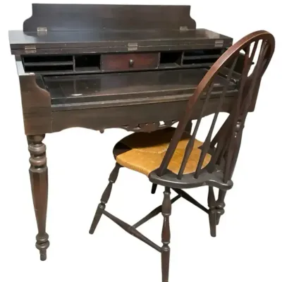 Wooden Dark Brown Desk With A Wooden Chair