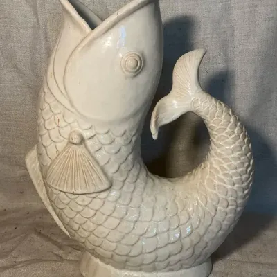 White Glazed Ceramic Carp Fish Vase 14.5"h