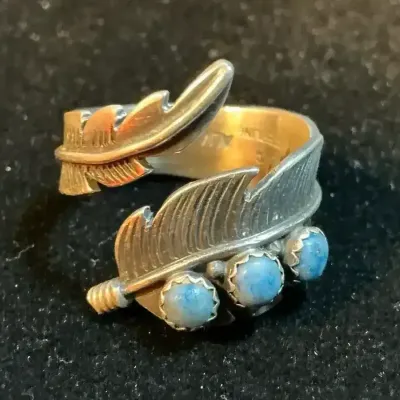 Sterling Silver Turquoise Feather Ring (Size 7.75) (6.49 Grams)