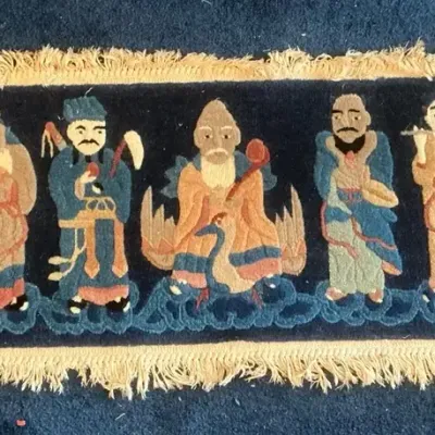 Vintage Chinese Eight Immortals Ba Xien Shouxing Wool Rug