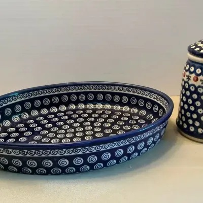 Polish Pottery Large Oval Baking Casserole And Tall Honey/Jam Jar 