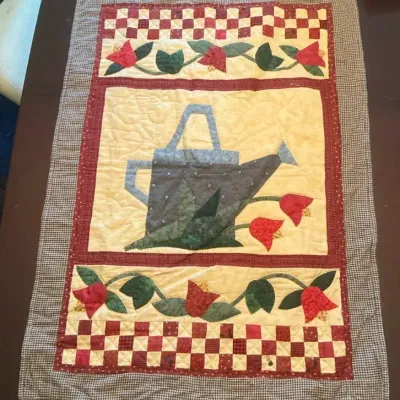 Handmade Flowers Watering Can Quilt Wall Hanging Signed 1999