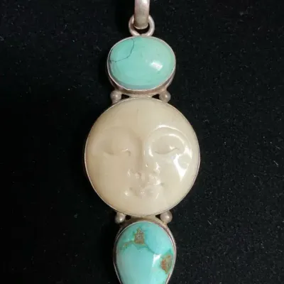 Artisan Made Carved Moon Face Sterling Pendant (3 Inch)