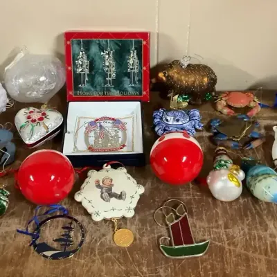 Assorted Christmas Ornaments Including A Hummel, Crabs, An America’s Ornament, And More