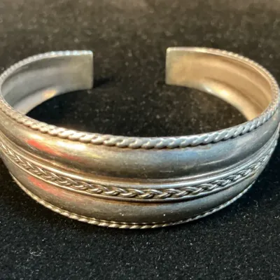 Sterling Silver Braided Rope Accented Cuff Bracelet (22.15 Grams)